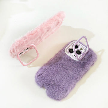 Qfdian New Stand Lens Frame Solid Color Plush Case for iPhone 16 15 14 13 12 11 Pro Max